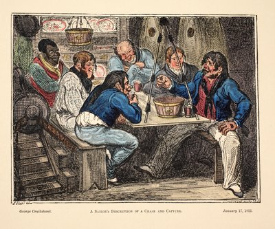 Beschrijving van een achtervolging en vangst door een zeeman, uitgegeven 1822 door George Cruikshank